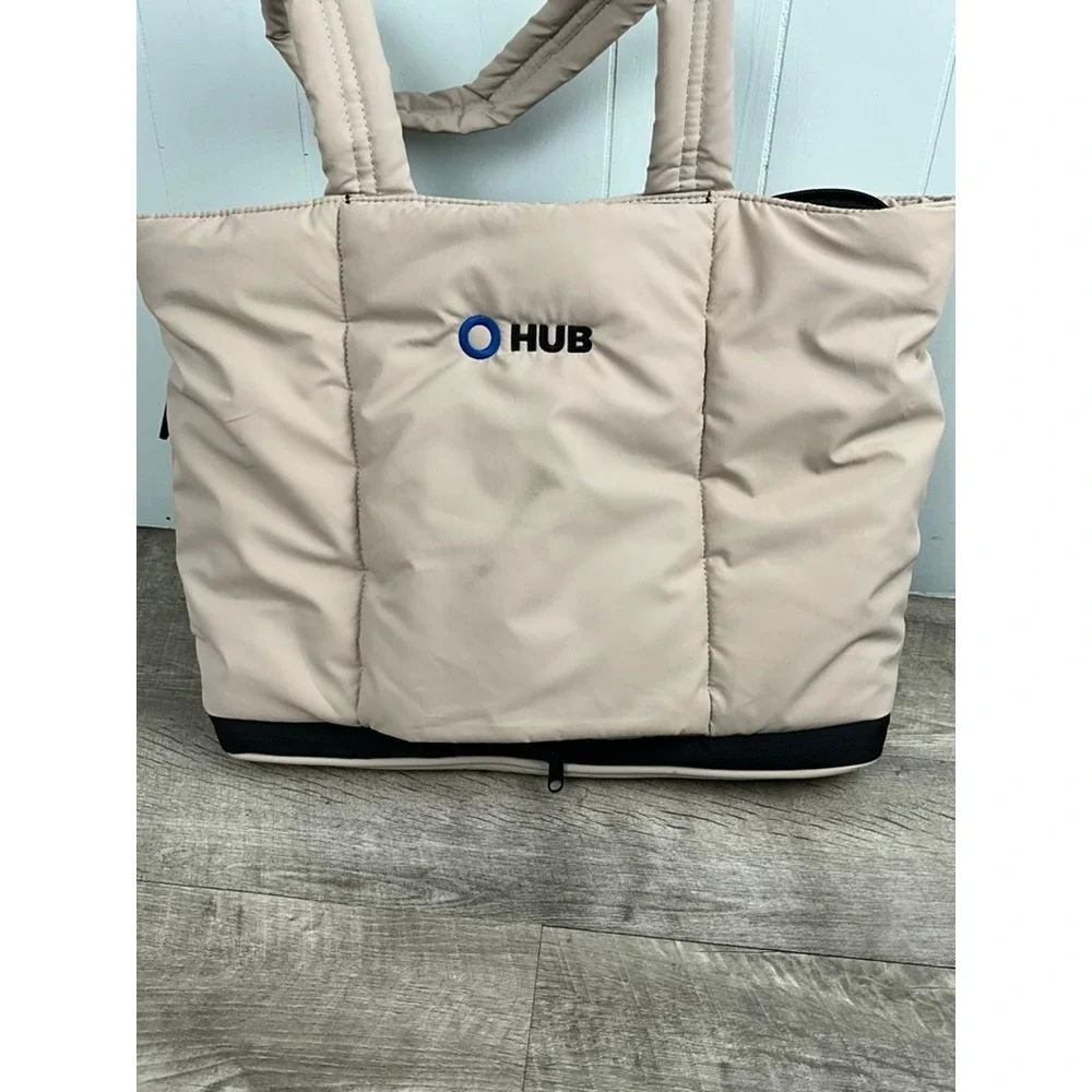 CALPAK Luka Duffel Bag Oatmeal Beige Quilted Puffer Travel Gym Bag HUB Logo